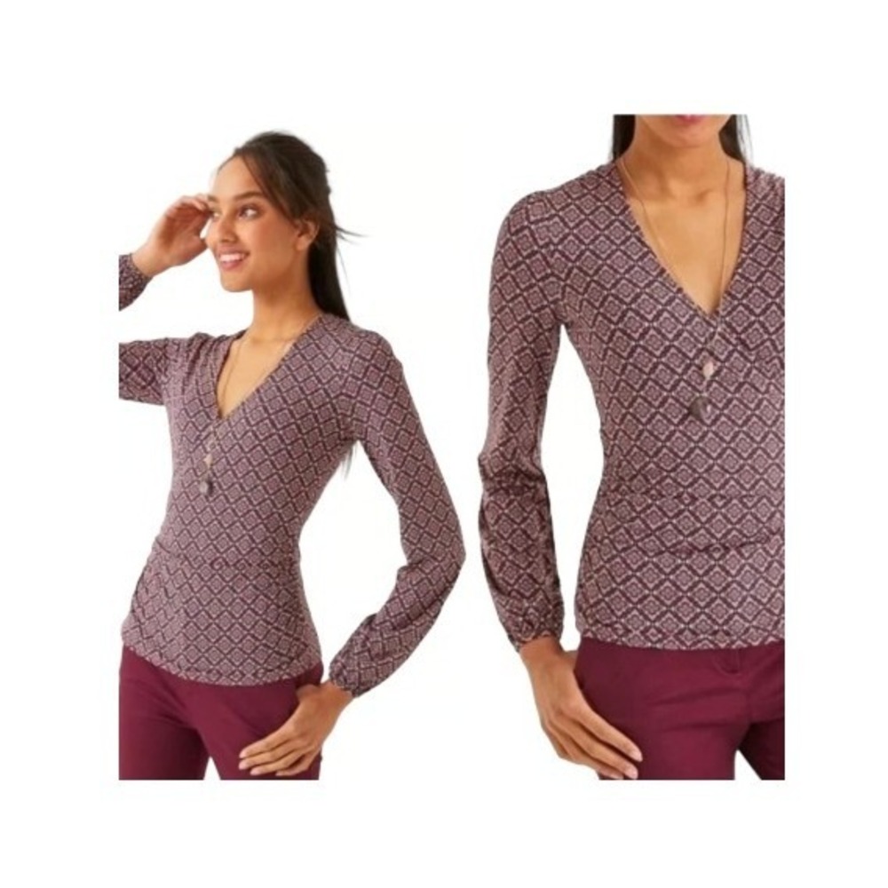 Boden Faux Wrap Top Women 10 Pink Geometric Long Sleeve V-Neck Ruched J0245